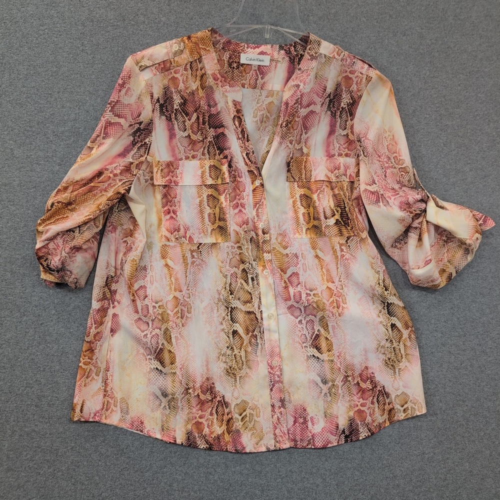 Calvin Klein Womens Snake Print Button‎ Up Shirt Blouse Top XL Pink Orange - Picture 2 of 4